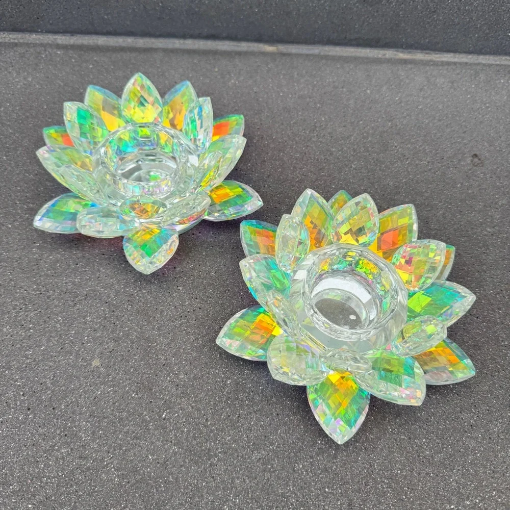 Z GALLERIE 2 pc LOTUS FLOWER candle holder crystal rainbow home decor iridescent